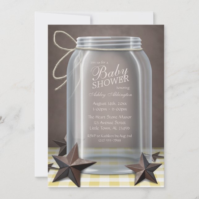 Mason Jar Rustic Stars Yellow Gingham Baby Shower Invitation (Front)