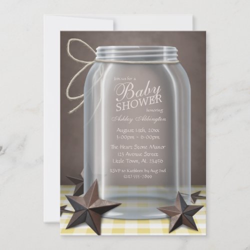 Mason Jar Rustic Stars Yellow Gingham Baby Shower Invitation
