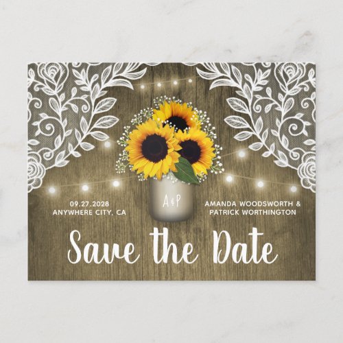 Mason Jar Rustic Sunflower Save the Date Postcards