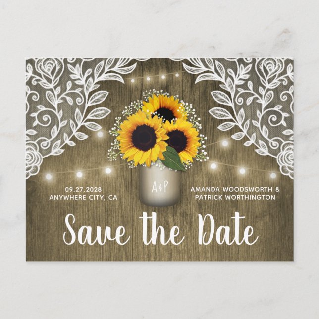 Mason Jar Rustic Sunflower Save the Date Postcards (Front)