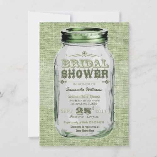 Mason Jar Rustic Vintage Look Green Bridal Shower Invitation