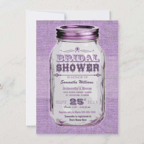 Mason Jar Rustic Vintage Look Purple Bridal Shower Invitation
