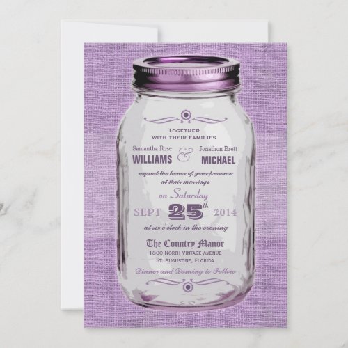 Mason Jar Rustic Vintage Look Purple Wedding Invitation