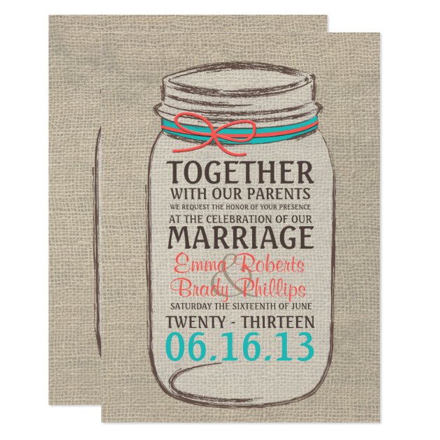 Mason Jar Rustic Wedding Invitation - Coral Teal