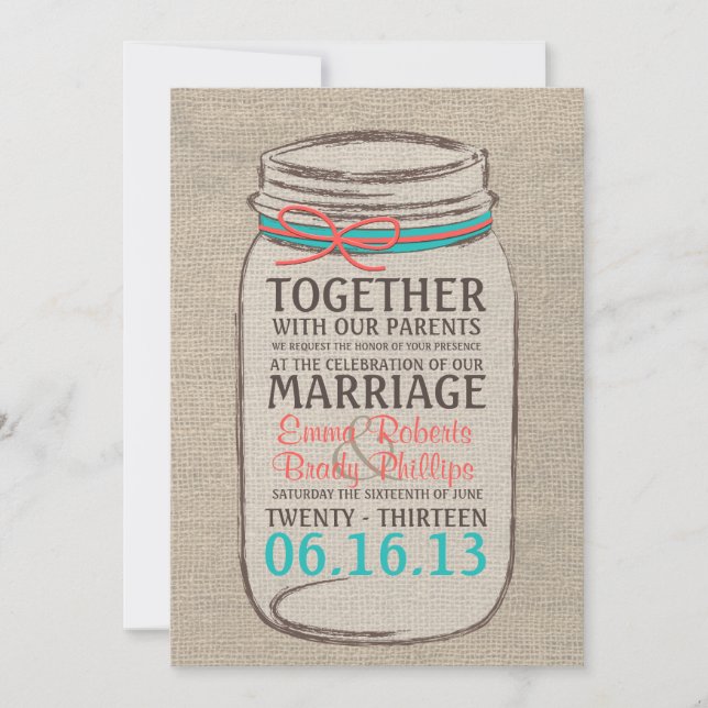 Mason Jar Rustic Wedding Invitation - Coral Teal (Front)