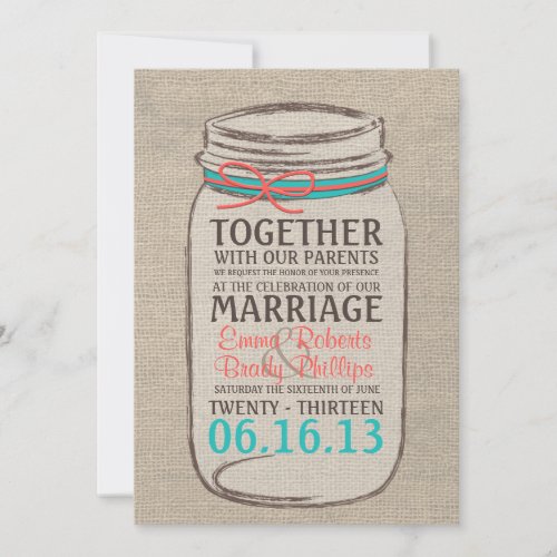 Mason Jar Rustic Wedding Invitation - Coral Teal