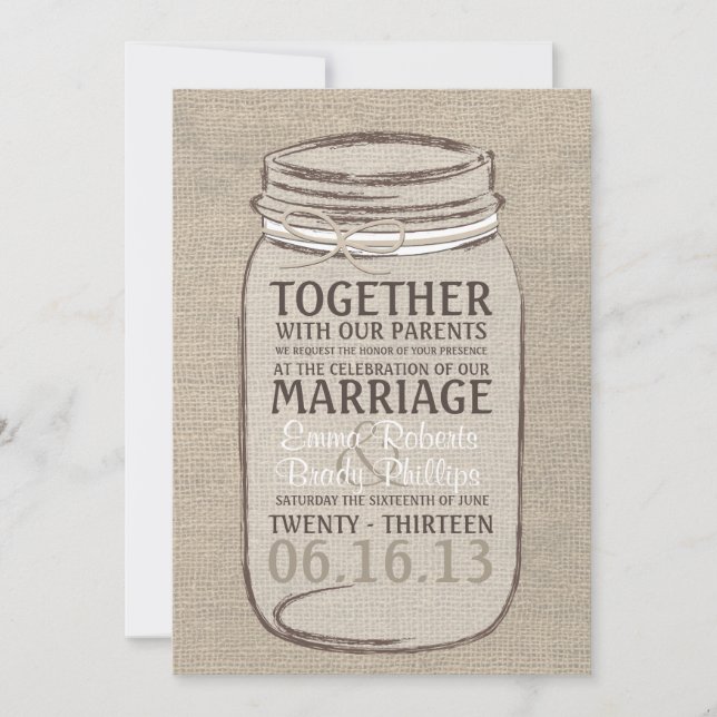 Mason Jar Rustic Wedding Invitation - White Beige (Front)