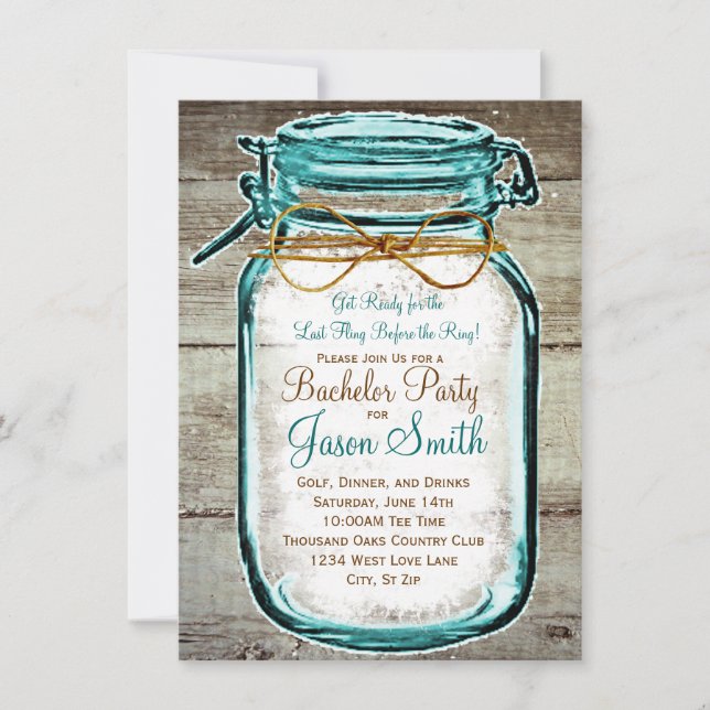 Mason Jar Rustic Wood Bachelor Party Invitations (Front)