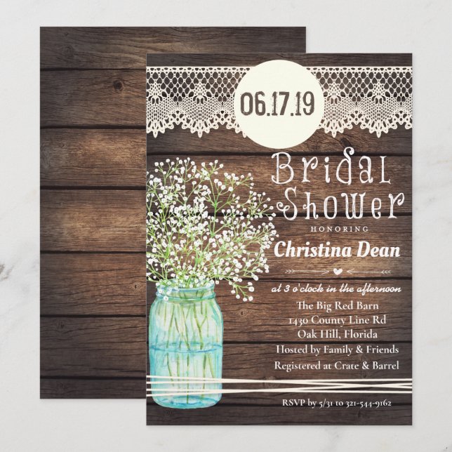 Mason Jar Rustic Wood Bridal Shower Invitation (Front/Back)