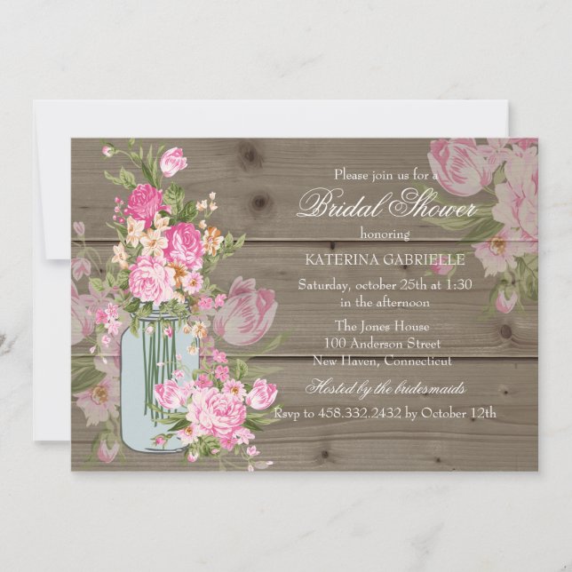 Mason Jar & Rustic Wood Bridal Shower Invite (Front)