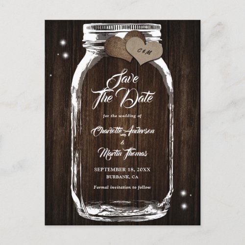 Mason Jar Rustic Wood Burlap Wedding Save The Date Announcement Postcard