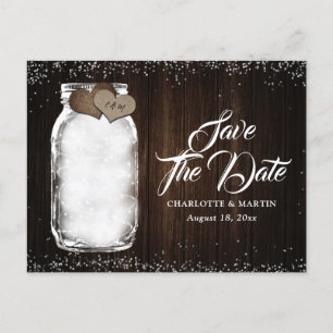 Mason Jar Rustic Wood Burlap Wedding Save The Date Announcement Postcard