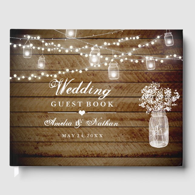 Mason Jar Rustic Wood Wedding Guest Book (Front)