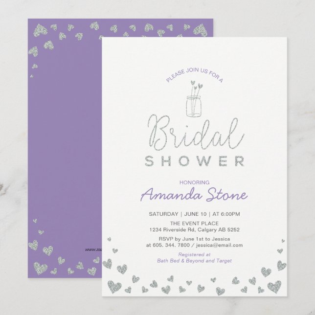 Mason Jar, Silver Glitter & Purple Bridal Shower Invitation (Front/Back)