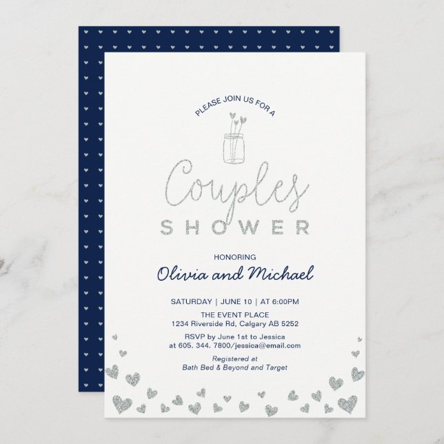 Mason Jar, Silver & Navy Couples Wedding Shower Invitation (Front/Back)