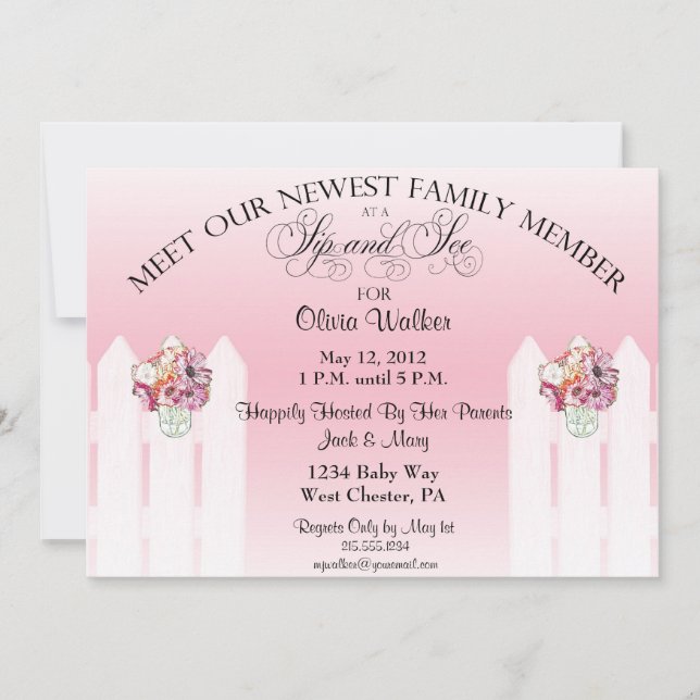 Mason Jar Sip and See Baby Girl Invitation (Front)