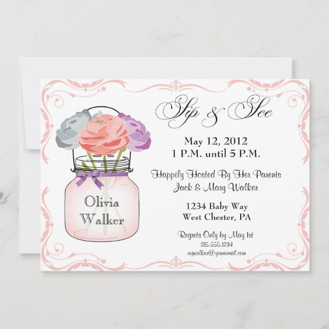 Mason Jar Sip and See Girl Invitation (Front)