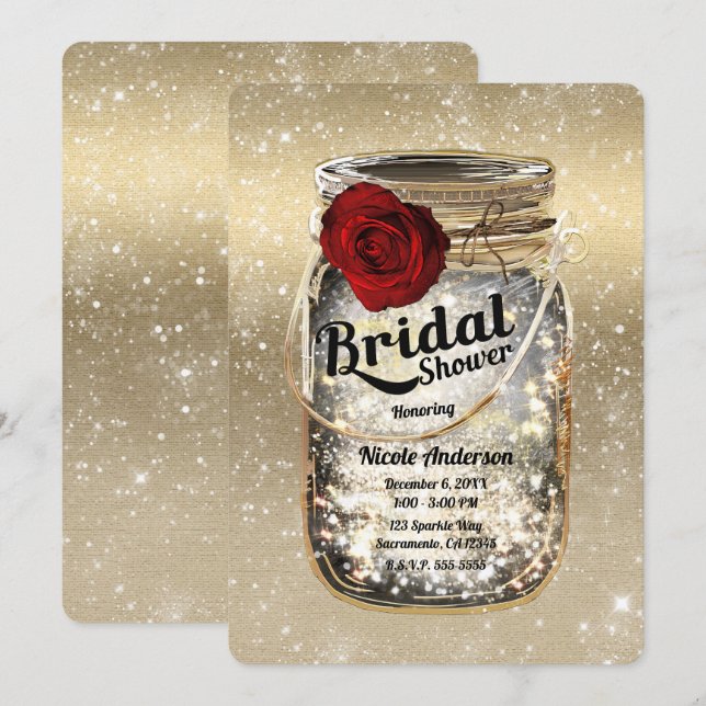 Mason Jar Sparkle Lights & Red Rose Bridal Shower Invitation (Front/Back)