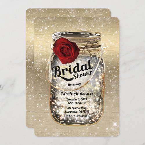 Mason Jar Sparkle Lights  Red Rose Bridal Shower Invitation