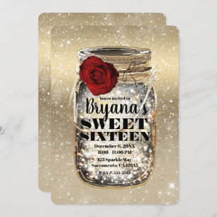 Mason Jar Sparkle Lights & Red Rose Sweet 16 Invitation