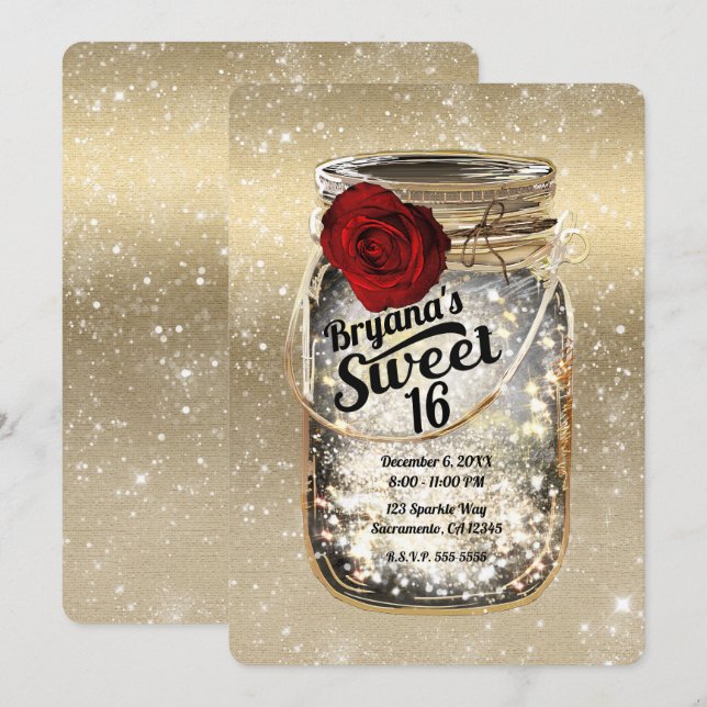 Mason Jar Sparkle Lights & Red Rose Sweet 16 Invitation (Front/Back)