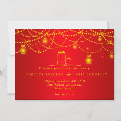 Mason Jar  Sparkling Lights Red Rehearsal Dinner Invitation