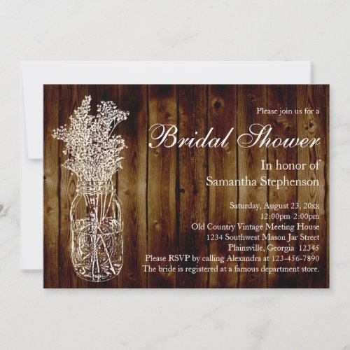 Mason Jar Stamp/Dark Wood Bridal Shower Invitation