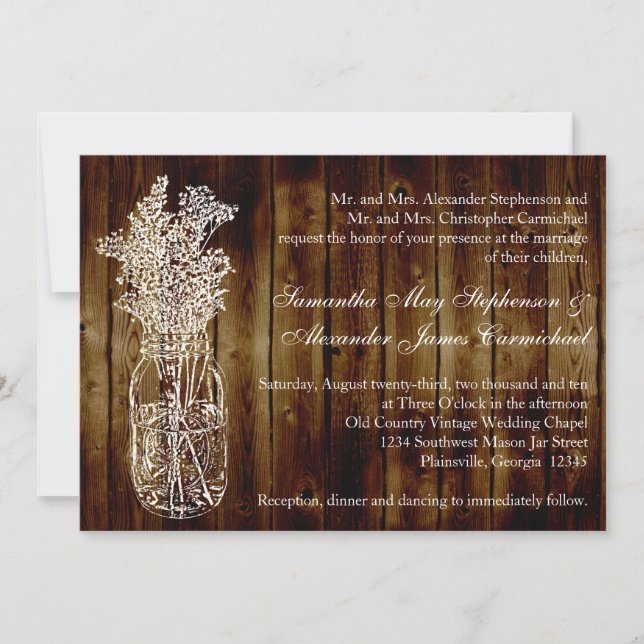 Mason Jar Stamp/Dark Wood Plank Wedding Invitation (Front)