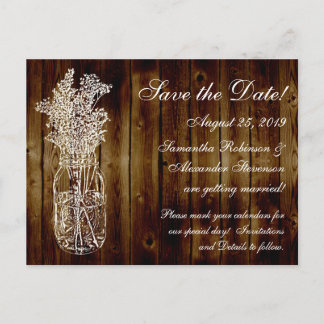 Mason Jar Stamp/Dark Wood Save the Date Announcement Postcard