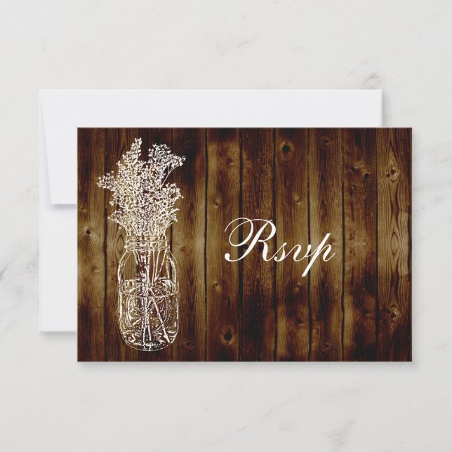 Mason Jar Stamp RSVP on Dark Wood Plank Card (Front)