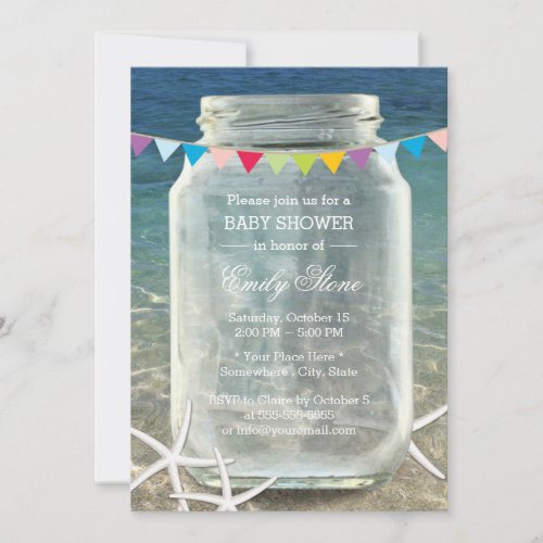 Mason Jar &amp; Starfish Blue Sea Beach Baby Shower 5x7 Paper Invitation Card