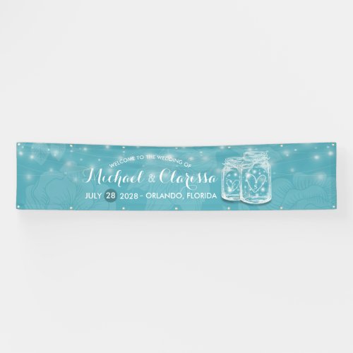 Mason Jar String Light Blue Floral Wedding Welcome Banner