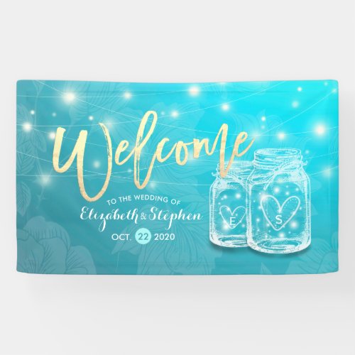 Mason Jar String Light Blue Floral Wedding Welcome Banner