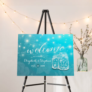 Mason Jar String Light Blue Floral Wedding Welcome Foam Board