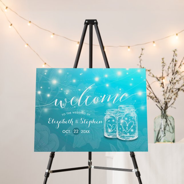 Mason Jar String Light Blue Floral Wedding Welcome Foam Board (In Situ (Stand))