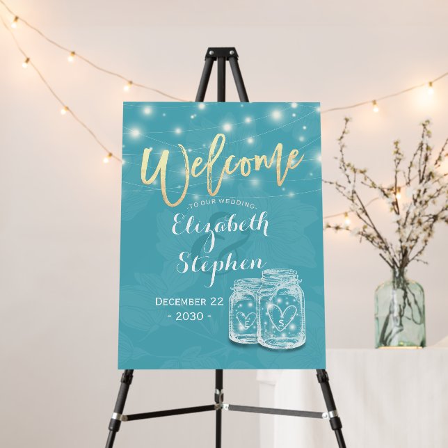 Mason Jar String Light Blue Floral Wedding Welcome Foam Board (In Situ (Stand))