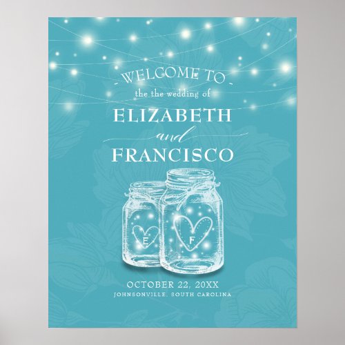 Mason Jar String Light Blue Floral Wedding Welcome Poster