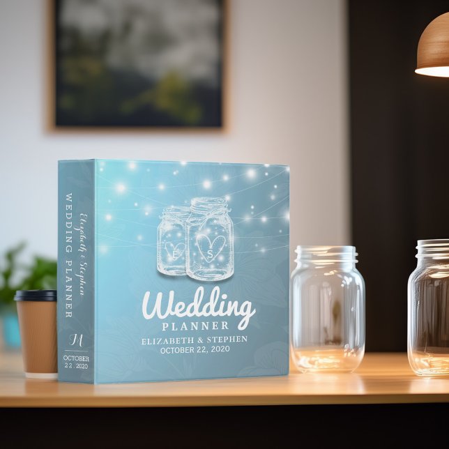 Mason Jar String Light Blue Flower Wedding Planner 3 Ring Binder (Creator Uploaded)