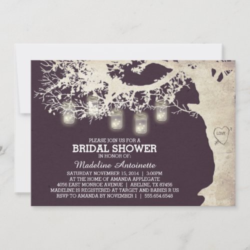 Mason Jar String Light Bridal Shower Plum Invitation