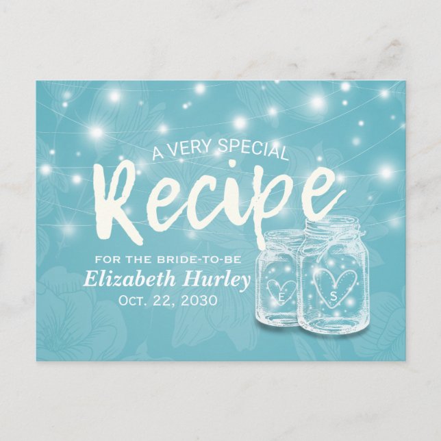 Mason Jar String Light Floral Bridal Shower Recipe Invitation Postcard (Front)
