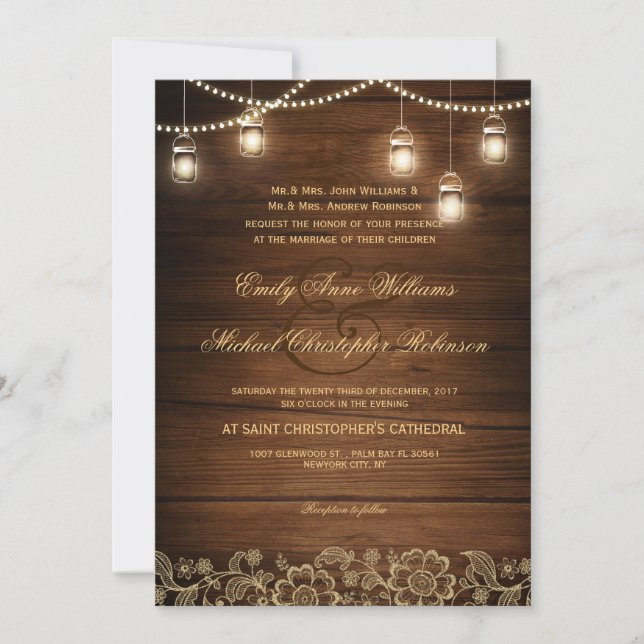 Mason jar string light gold lace rustic wedding invitation (Front)