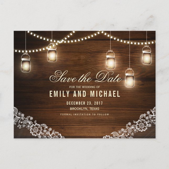 Mason jar string light lace rustic save the date announcement postcard (Front)