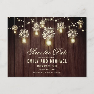 Mason jar string light lace rustic save the date announcement postcard