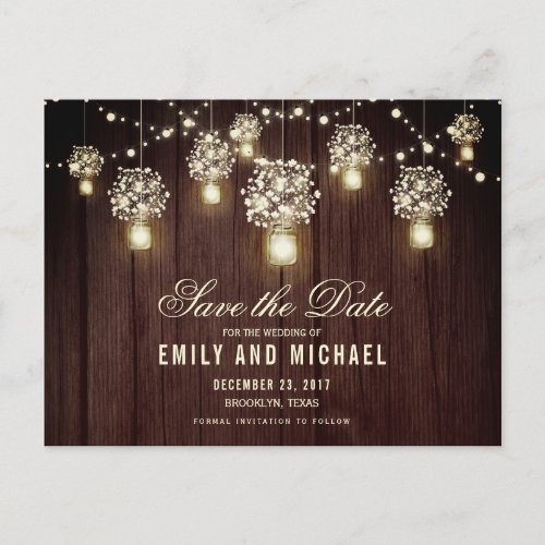 Mason jar string light lace rustic save the date announcement postcard - Rustic lace , string lights and mason jar with baby's breath flowers on elegant wood background monogram wedding save the date card for summer, fall, spring or winter wedding! Perfect design for the country / modern wedding