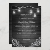 Mason jar string light lace rustic wood wedding invitation (Front/Back)