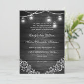 Mason jar string light lace rustic wood wedding invitation (Standing Front)