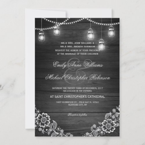 Mason jar string light lace rustic wood wedding invitation - Rustic mason jar, string lights and lace on elegant wood background monogram wedding invitation for summer, fall, spring or winter wedding! Perfect design for the country / modern wedding