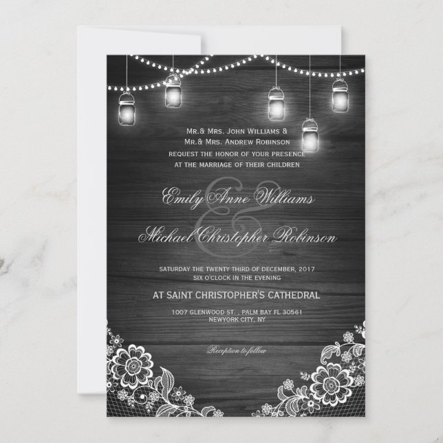 Mason jar string light lace rustic wood wedding invitation (Front)