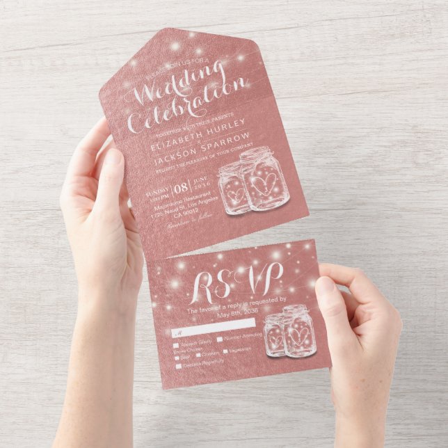 Mason Jar String Light Pink Rose Gold Wedding RSVP All In One Invitation (Tearaway)