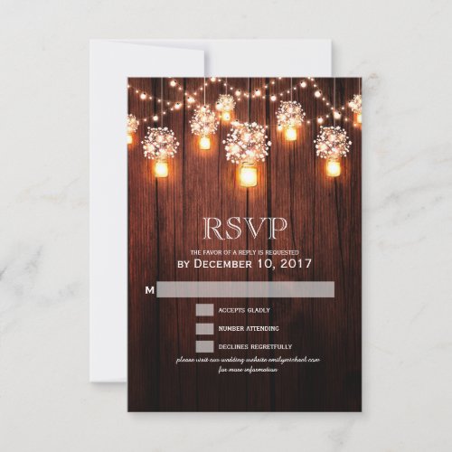 Mason jar string light wooden wedding RSVP - Rustic string lights and mason jar with baby's breath flowers on elegant wood background monogram wedding RSVP card for summer, fall, spring or winter wedding! Perfect design for the country / modern wedding